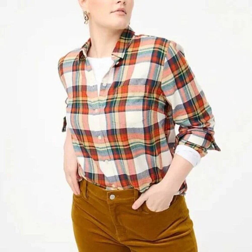 J. Crew Tartan Plaid Flannel Cotton Button Down Lumberjack in Ivory Multi XL